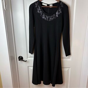 Liz Claiborne Wool Blend Black Midi Dress Beaded Neckline Small